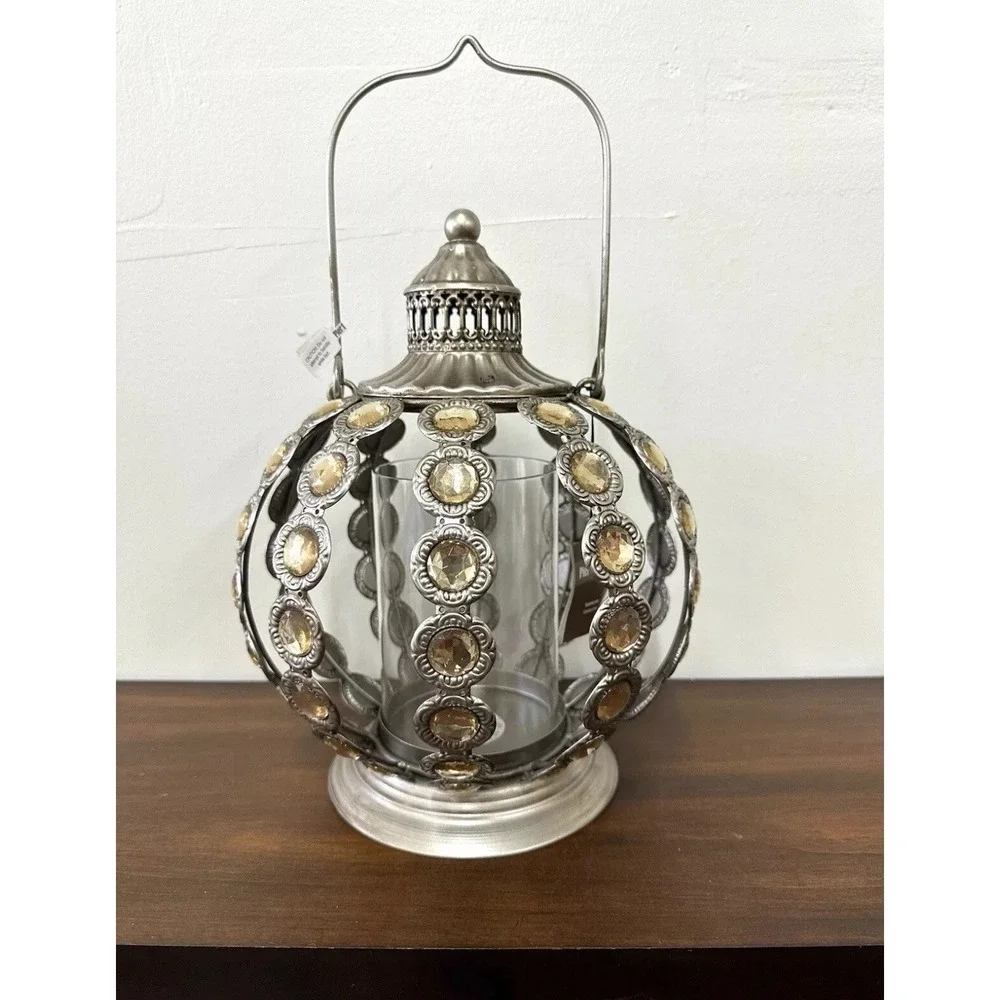 Vintage Silver Metal Beaded Candle Holder Lantern PATIO Decor